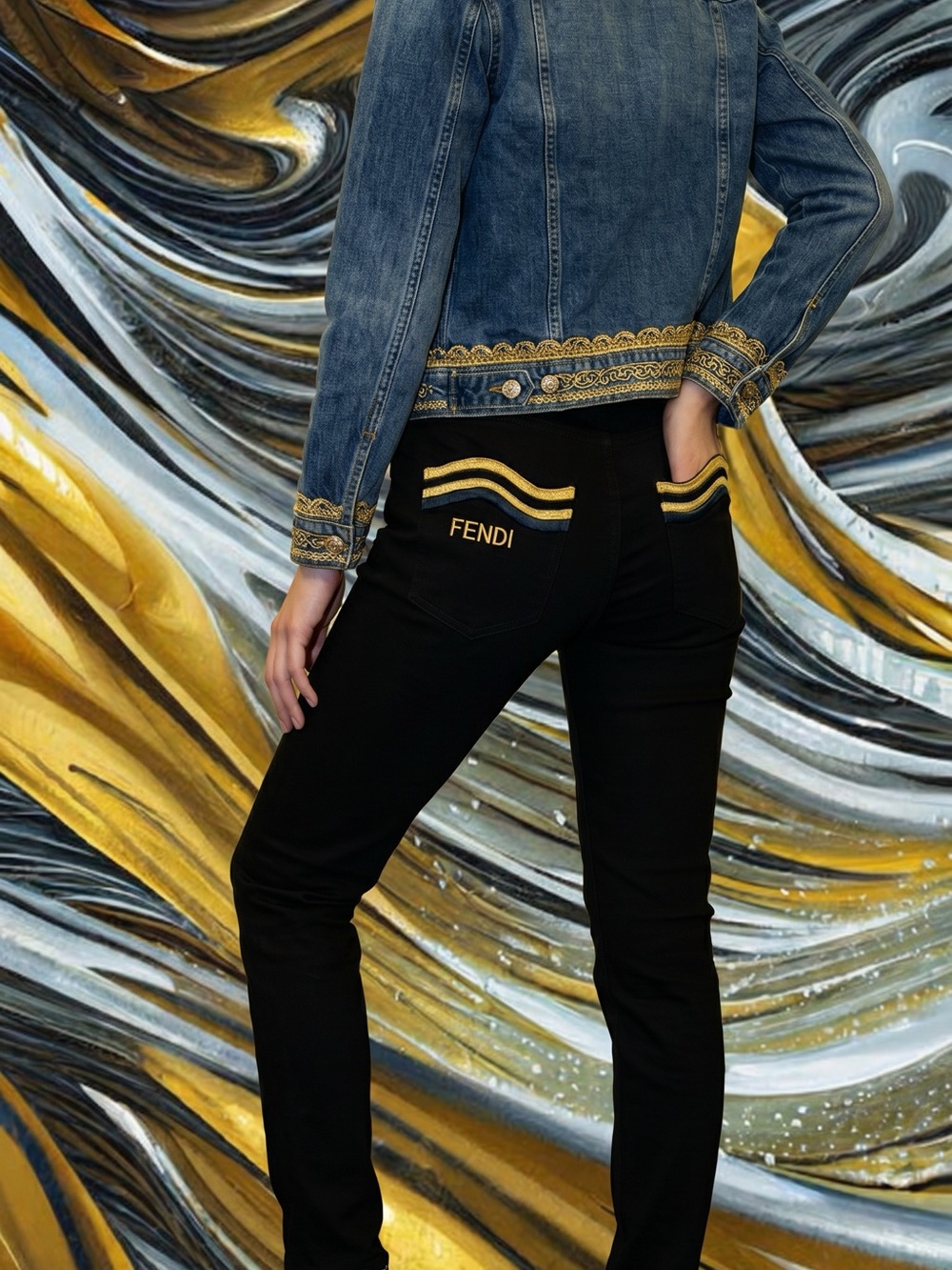 Fendi Black Jeans with Gold Embroidered Pocket